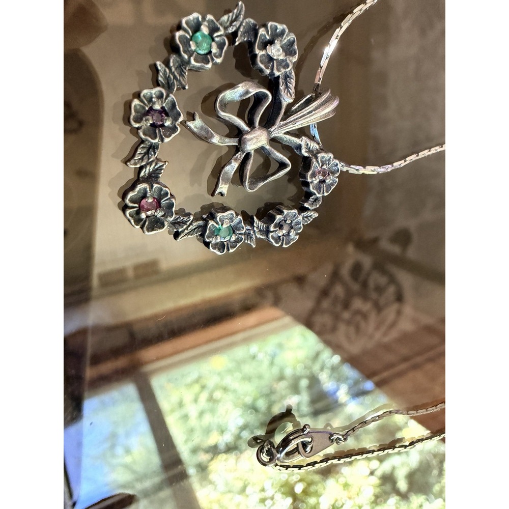 Vintage  DEAREST 1982 Sterling Silver Pendant Diamond, Emerald , Amethyst, Ruby